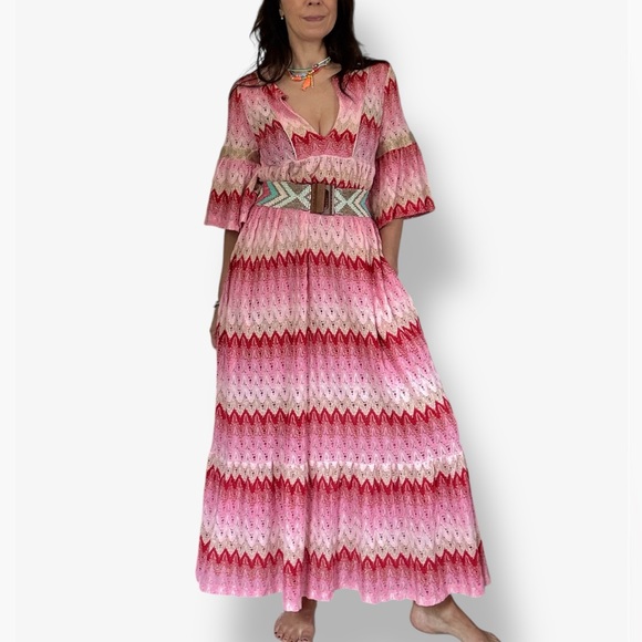 Pho Italy Chevron Pink Red Maxi Dress - Picture 1 of 12